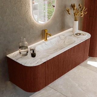 Ensemble de meuble de salle de bain Mondiaz KURVE-DLUX - 140x46x40cm - 1 tiroir - 2 portes - lavabo en solid surface - milieu - 1 trou de robinet - Ruby