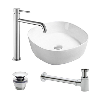 Adema Kit vasque à poser 44x44x13.5cm avec robinet et vidange bas Carré porcelaine Chrome