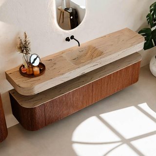 MONDIAZ THOR-DLUX 200cm meuble de salle de bains arrondi gauche + droite couleur Ruby avec 2 tiroirs et 2 portes. Vasque suspendue CLOUD Milieu sans trou de robinet couleur Arena.