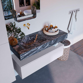 Mondiaz ALAN-DLUX Ensemble de meuble - 110cm - meuble Cale mat - 1 tiroir - Lavabo Cloud Lava suspendu - vasque gauche - 0 trous de robinet