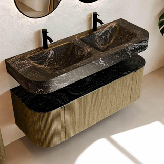 MONDIAZ THOR-DLUX 130cm meuble de salle de bains arrondi gauche + droite couleur Dusk avec 1 tiroir et 2 portes. Vasque suspendue CLOUD Double 2 trous de robinet couleur Lava.