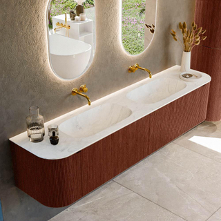 Ensemble de meuble de salle de bain Mondiaz KURVE-DLUX - 200x46x40cm - 2 tiroirs - 2 portes - lavabo en solid surface - double - sans trou de robinet - Ruby