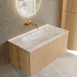 MONDIAZ KURVE-DLUX 90cm Meuble salle de bain - couleur Oak - 1 tiroir - vasque BIG SMALL centre - sans trou de robinet - couleur Glace