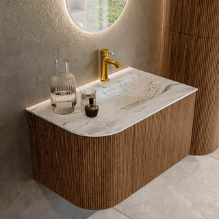 MONDIAZ KURVE-DLUX 75cm Meuble salle de bain avec module 25 G - couleur Walnut - 1 tiroir - 1 porte - vasque GRUNNE droite - 1 trou de robinet - couleur Glace