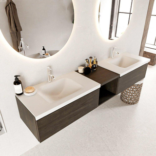MONDIAZ BUKLA 200cm badmeubel met open module 40 kleur Dark Brown met 2 lades. Wastafel CLOUD dubbel 2 kraangaten kleur Talc.