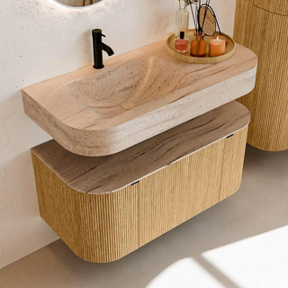 MONDIAZ THOR-DLUX 100cm badmeubel ronding links + rechts kleur Oak met 1 lade en 2 deuren. Vrijhangende wastafel CLOUD Links 1 kraangat kleur Saba.