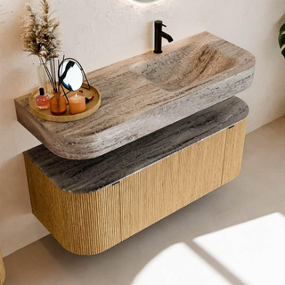 MONDIAZ THOR-DLUX Meuble de salle de bains 120cm arrondi gauche + droite couleur Oak avec 1 tiroir et 2 portes. Vasque suspendue CLOUD Droite 1 trou de robinet couleur Oza.