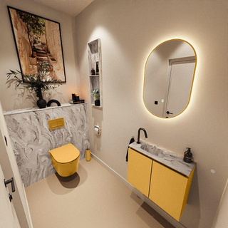 MONDIAZ TURE-DLUX Meuble toilette - 60cm - Ocher - EDEN - vasque Glace - position gauche - 1 trou de robinet