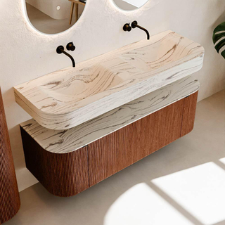 MONDIAZ THOR-DLUX 140cm meuble de salle de bains arrondi gauche + droite couleur Ruby avec 1 tiroir et 2 portes. Vasque suspendue CLOUD Double sans trou de robinet couleur Nata.