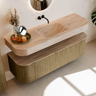 MONDIAZ THOR-DLUX 150cm meuble de salle de bains arrondi gauche + droite couleur Dusk avec 1 tiroir et 2 portes. Vasque suspendue CLOUD Milieu sans trou de robinet couleur Saba.