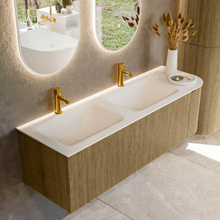 Mondiaz KURVE Ensemble de meuble salle de bain - 145x46x40cm - 1 tiroir - 1 porte - lavabo en solid surface - double / gauche - 2 trous de robinet - Dusk
