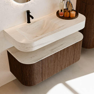 MONDIAZ THOR-DLUX 110cm badmeubel ronding links + rechts kleur Walnut met 1 lade en 2 deuren. Vrijhangende wastafel CLOUD Links 1 kraangat kleur Meli.