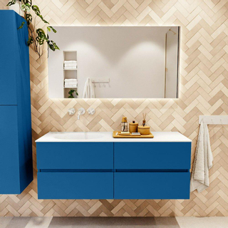 Mondiaz VICA ensemble de meuble de salle de bain - 130cm - meuble sous-vasque jeans - 4 tiroirs - lavabo moon gauche - sans trous de robinet - couleur talc - miroir LED - version XL 60cm de haut