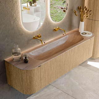 MONDIAZ KURVE-DLUX 170cm badmeubel ronding Links + Rechts kleur Oak met 1 lade en 2 deuren. Wastafel BIG LARGE Midden zonder kraangat Saba.