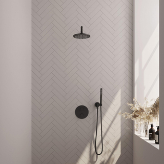 BRAUER Black Carving douche thermostatique encastrée - 3 voies - rond - ensemble 75 - douche principale de 20 cm - bras de mur courbé - douchette à main - flexible de douche - coude mural - noir mat