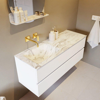 Mondiaz VICA-DLUX ensemble de meuble de salle de bain - 130cm - meuble sous-vasque talc - 4 tiroirs - lavabo encastré cloud gauche - sans trous de robinet - version haute de 60cm - glace