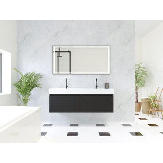 HR Matrix ensemble meuble de salle de bain 3d 140cm 2 tiroirs sans poignée avec bandeau couleur noir mat avec vasque kube 2 trous de robinetterie blanc