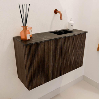 Mondiaz JOYA-DLUX 70cm toiletmeubel - kleur Walnut - Wastafel FAYE positie Rechts Zonder kraangat kleur Lava.