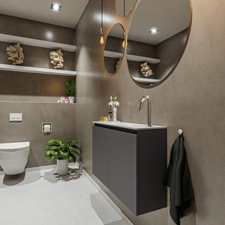 MONDIAZ TURE Kit lave-mains - 80x23x50cm - 1 trou de robinet - 2 portes - gris foncé mat - Lavabo à droite - Acrylique Blanc