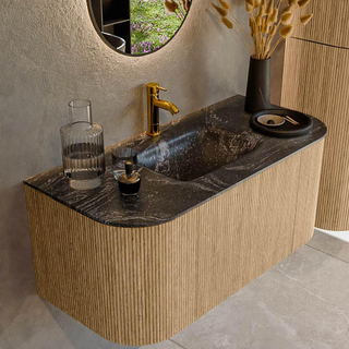 MONDIAZ KURVE-DLUX 100cm Meuble salle de bain avec module 25 G et D - couleur Oak - 1 tiroir - 2 portes - vasque GRUNNE centre - 1 trou de robinet - couleur Lava