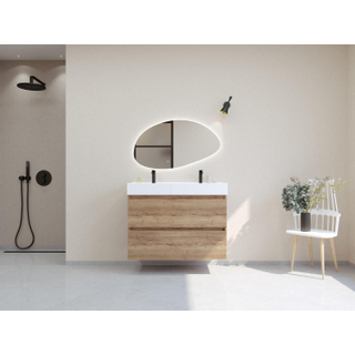 HR Infinity XXL ensemble de meubles de salle de bain 3d 100 cm 1 lavabo céramique kube blanc 2 trous de robinet 2 tiroirs chêne français