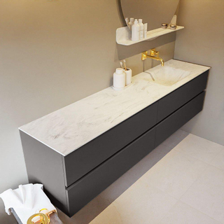 Mondiaz VICA-DLUX ensemble de meuble de salle de bain - 200cm - meuble sous-vasque gris foncé - 4 tiroirs - lavabo encastré cloud droite - sans trous de robinet - version haute de 60cm - opalo