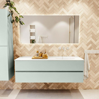 Mondiaz VICA ensemble de meuble de salle de bain - 150cm - meuble sous-vasque greey - 2 tiroirs - lavabo moon droite - sans trous de robinet - couleur talc - miroir LED - version XL 60cm haut