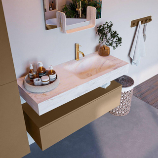 Mondiaz ALAN-DLUX Ensemble de meuble - 110cm - meuble Oro mat - 1 tiroir - Lavabo Cloud Ostra suspendu - vasque Droite - 1 trou de robinet