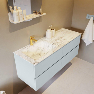 Mondiaz VICA-DLUX Ensemble de meuble de salle de bain - 130cm - meuble sous-vasque argile - 4 tiroirs - lavabo encastré nuage gauche - 1 trou de robinet - version haute de 60cm - glace