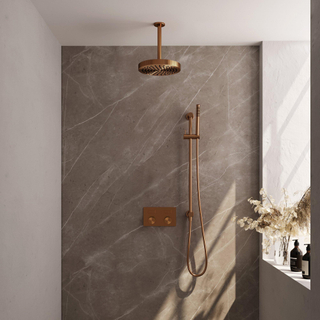 BRAUER Stripe Thermostatische Inbouw Regendouche - drukknoppen - SET 33 - 25cm douchekop - plafondarm - staaf handdouche - doucheslang - geïntegreerde glijstang - koper geborsteld PVD