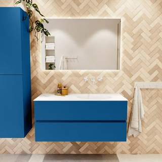 Mondiaz VICA ensemble de meuble de salle de bain - 110cm - meuble sous-vasque jeans - 2 tiroirs - lavabo moon droite - sans trous de robinet - couleur talc - miroir LED - version XL 60cm de haut