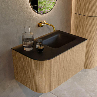 MONDIAZ KURVE 75cm Meuble salle de bain avec module 25 G - couleur Oak - 1 tiroir - 1 porte - vasque GRUNNE droite - sans trous de robinet - Urban