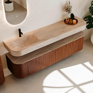 MONDIAZ THOR-DLUX Meuble de salle de bains - 190cm - arrondi gauche + droite - couleur Ruby - 2 tiroirs - 2 portes - Vasque suspendue CLOUD Gauche 1 trou de robinet - couleur Saba