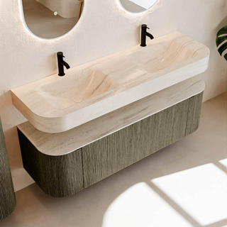 MONDIAZ THOR-DLUX 150cm meuble de salle de bains arrondi gauche + droite couleur Shadow avec 1 tiroir et 2 portes. Vasque suspendue CLOUD Double 2 trous de robinet couleur Meli.