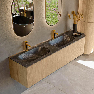 MONDIAZ KURVE-DLUX 175cm Meuble salle de bain avec module 25 D - couleur Oak - 2 tiroirs - 1 porte - vasque STOR SMALL double / gauche - 2 trous de robinet - couleur Lava