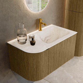 Mondiaz KURVE-DLUX Ensemble de meuble salle de bain - 85x46x40cm - 1 tiroir - 1 porte - lavabo en solid surface - droite - 1 trou de robinet - Dusk