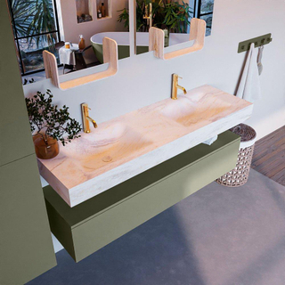 Mondiaz ALAN-DLUX Ensemble de meuble - 150cm - meuble - Army mat - 1 tiroir - Lavabo Cloud Ostra suspendu - vasque gauche et droite - 2 trous de robinet - Beige