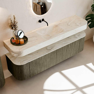 MONDIAZ THOR-DLUX 180cm meuble de salle de bains arrondi gauche + droite couleur Shadow avec 2 tiroirs et 2 portes. Vasque suspendue CLOUD Milieu sans trou de robinet couleur Ostra.