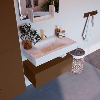 Mondiaz ALAN-DLUX Ensemble de meuble - 80cm - meuble Rust mat - 1 tiroir - Lavabo Cloud Opalo suspendu - vasque Centre - 1 trou de robinet