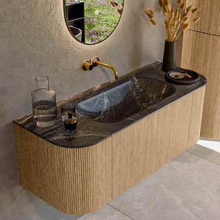 MONDIAZ KURVE-DLUX 120cm Meuble salle de bain avec module 25 G et D - couleur Oak - 1 tiroir - 2 portes - vasque BIG SMALL centre - sans trou de robinet - couleur Lava