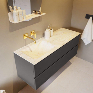 Mondiaz VICA-DLUX ensemble de meuble de salle de bain - 130cm - meuble sous-vasque gris foncé - 2 tiroirs - lavabo encastré cloud gauche - sans trous de robinet - version haute de 60cm - ostra