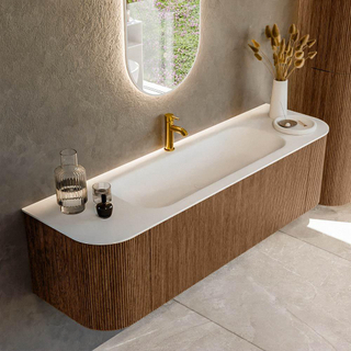 MONDIAZ KURVE 160cm Meuble salle de bain avec module 25 G et D - couleur Walnut - 1 tiroir - 2 portes - vasque BIG MEDIUM centre - 1 trou de robinet - Talc