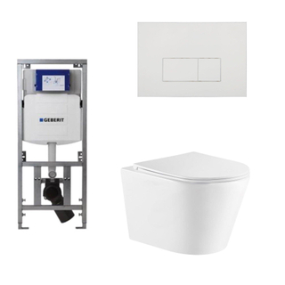 QeramiQ Dely Toiletset - 36.3x51.7cm - diepspoel - rimless - Geberit UP320 inbouwreservoir - softclose toiletzitting - glans witte bedieningsplaat - rechtehoekige knoppen - wit mat