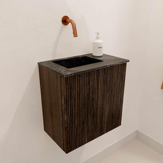 Mondiaz JOYA-DLUX 40cm toiletmeubel - kleur Walnut - Wastafel FAYE positie Links Zonder kraangat kleur Lava.