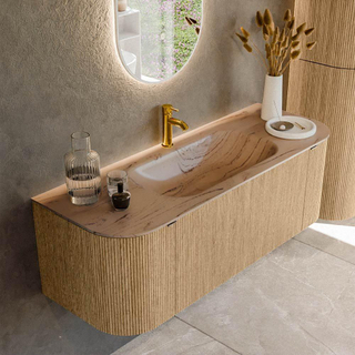 MONDIAZ KURVE-DLUX 130cm badmeubel ronding Links + Rechts kleur Oak met 1 lade en 2 deuren. Wastafel BIG SMALL Midden 1 kraangat Arena.