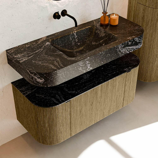 MONDIAZ THOR-DLUX Meuble de salle de bains 110cm arrondi gauche + droite couleur Dusk avec 1 tiroir et 2 portes. Vasque suspendue CLOUD Centre sans trou de robinet couleur Lava.