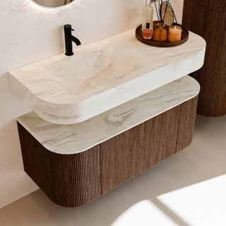 MONDIAZ THOR-DLUX 110cm badmeubel ronding links + rechts kleur Walnut met 1 lade en 2 deuren. Vrijhangende wastafel CLOUD Links 1 kraangat kleur Ostra.