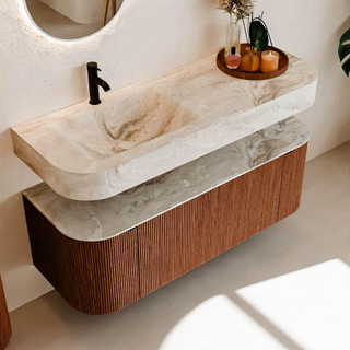 MONDIAZ THOR-DLUX 130cm meuble de salle de bains arrondi gauche + droite couleur Ruby avec 1 tiroir et 2 portes. Vasque suspendue CLOUD Gauche 1 trou de robinet couleur Frappe.