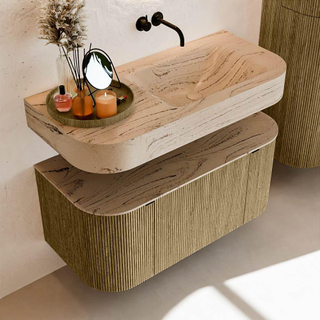 MONDIAZ THOR-DLUX 100cm meuble de salle de bains arrondi gauche + droite couleur Dusk avec 1 tiroir et 2 portes. Vasque suspendue CLOUD droite sans trou de robinet couleur Arena.