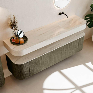 MONDIAZ THOR-DLUX 180cm meuble de salle de bains arrondi gauche + droite couleur Shadow avec 2 tiroirs et 2 portes. Vasque suspendue CLOUD droite sans trou de robinet couleur Meli.